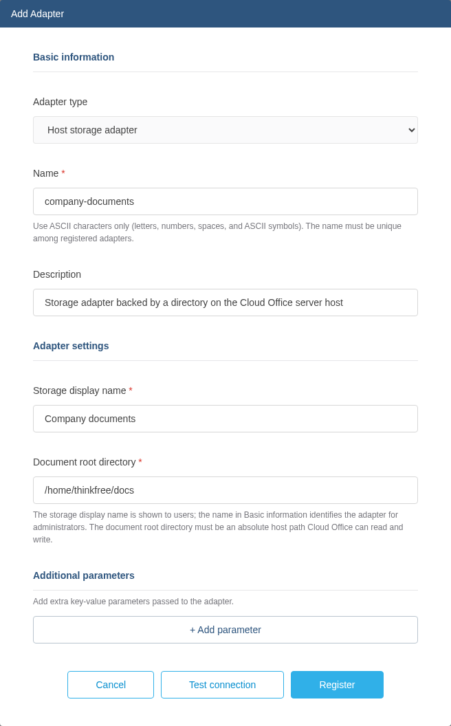 Host Storage adapter registration form in the admin page