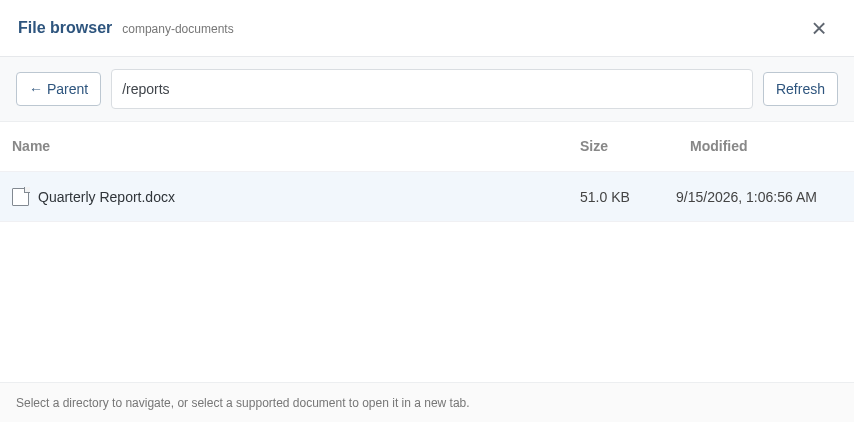 File browser showing Quarterly Report.docx in the reports directory