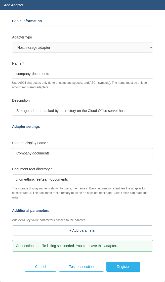 Successful connection test for company-documents and a separate document directory