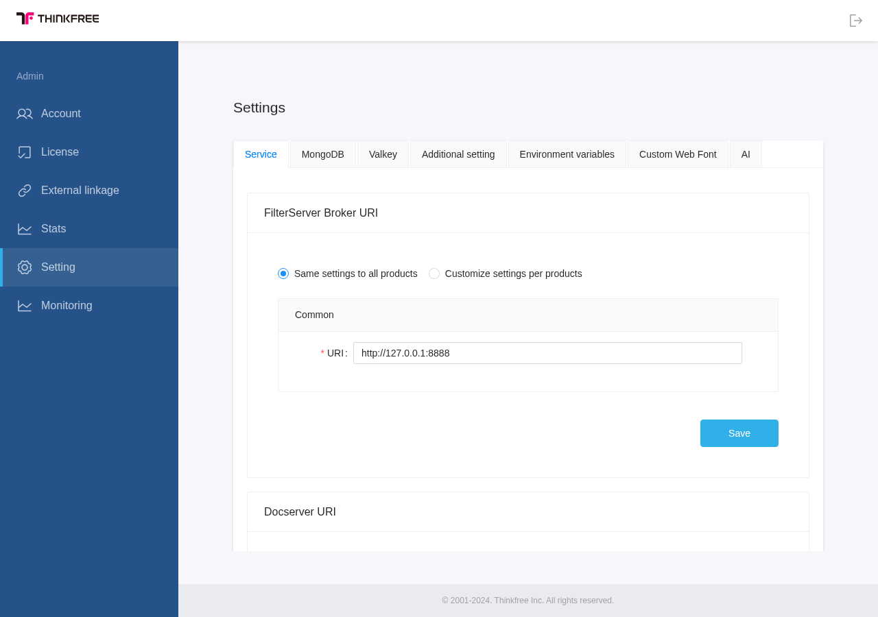 Setting menu and Service tab in Office Admin