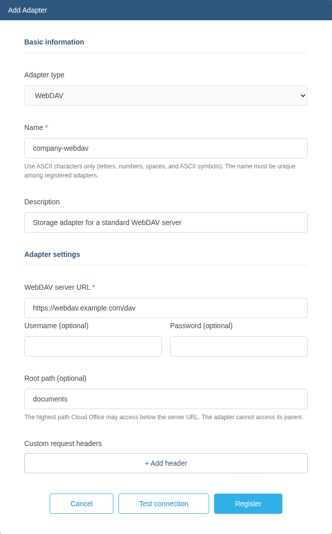 WebDAV adapter registration form in the admin page